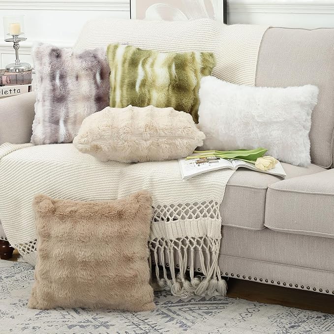 MADIZZ Pack of 2 Thick Plush Faux Wool Throw Pillow Covers Soft Boho Throw Pillows Luxurious Cushion Covers for Couch Sofa Bedroom Living Room Home Decor 20x20 Inch Grey Taupe