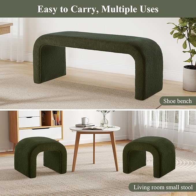 3-Piece Modern Ottoman Bench Set, 44" Wide Teddy Upholstered End of Bed Bench with 2 Foot Stools, Padded U-Shaped Entry Bench Vanity Stool for Living Room Bedroom (Dark Green)