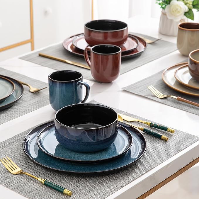 LeRatio Ceramic Dinnerware Sets for 6,Porcelain Plates and Bowls Sets,Handmade Reactive Glaze Dishes Set,Chip Resistant and Scratch Resistant | Oven&Dishwasher & Microwave Safe)-Colorflu(18PCS)