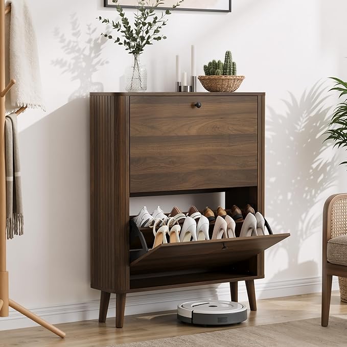 Shoe Storage Cabinet with 2 Flip Drawers, Slim Shoe Rack Cabinet with Curved Wooden Slats Side, Narrow Shoe Cabinet Storage for Entryway Entrance, Freestanding Shoe Organizer Cabinet (Walnut)