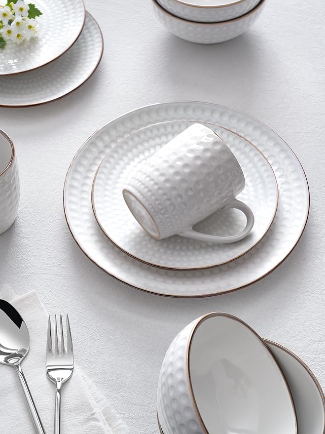Famiware Eden Embossed Plates and Bowls Sets, Stoneware Dinnerware with Gold Trim, 18-Piece Luxury Dishes for 6, Everyday & Formal Use, Chip/Scratch Resistant, Microwave/Dishwasher Safe, White Circle