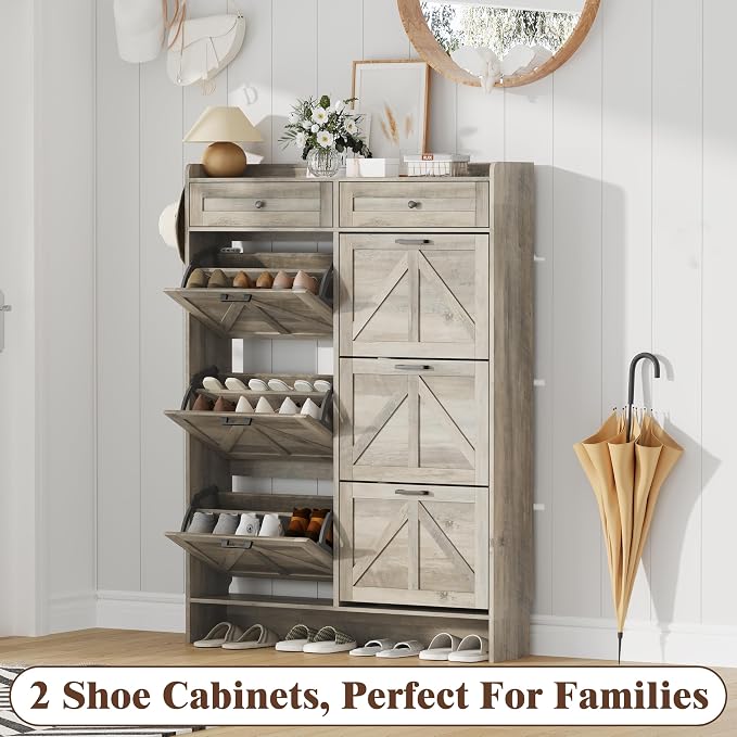 Thacuok Shoe Cabinet with 6 Flip Drawers & 2 Storage Drawers, Rustic Farmhouse Narrow Shoe Organizer Cabinet, Slim Shoe Rack Cabinet, Shoe Storage Cabinet for Entryway, Hallway, Front Door