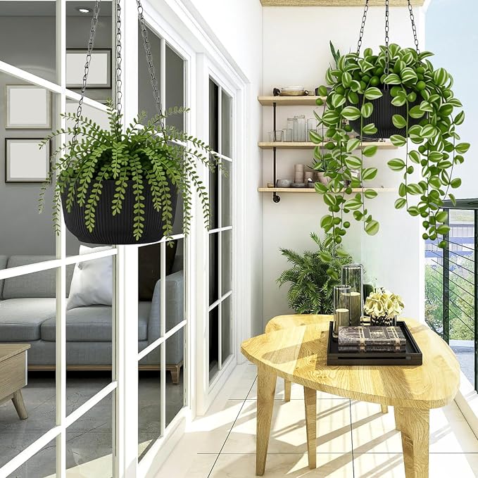 Set of 2 Hanging Pots for Plants Indoor Outdoor, 8 Inch Self-Watering Hanging Planters with Internal Saucer, Drainage Hole & Plug (Hooks)