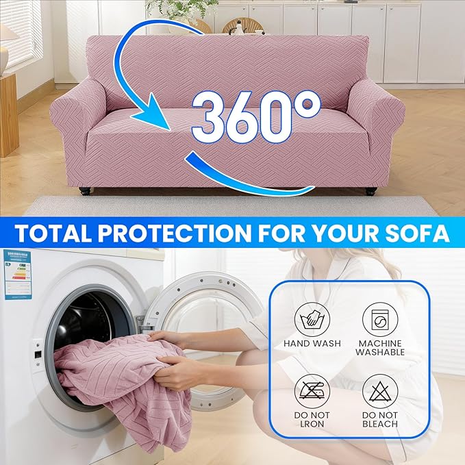 Stretch Sofa Slipcover 3 Cushion Couch X-Large Sofa Cover,91"-110" Non Slip Soft Couch Sofa Cover Washable Furniture Protector with Non Skid Foam and Elastic Bottom for Kids, Pets,Pink