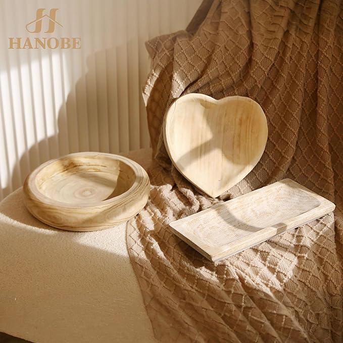 Hanobe Decorative Wood Dough Bowl: Long Wooden Bowl for Entry Way Table Home Decor - Coffee Table Decor for Living Room - Dining Table Centerpiece Decor, White