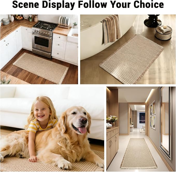 Waffle Bath Mat Set of 2, Non Slip Waffle Rugs for Bathroom, Super Absorbent & Quick Dry Soft Shower Mat for Bathroom & Kitchen Floor, Machine Washable Bath Rugs (Brown & White)