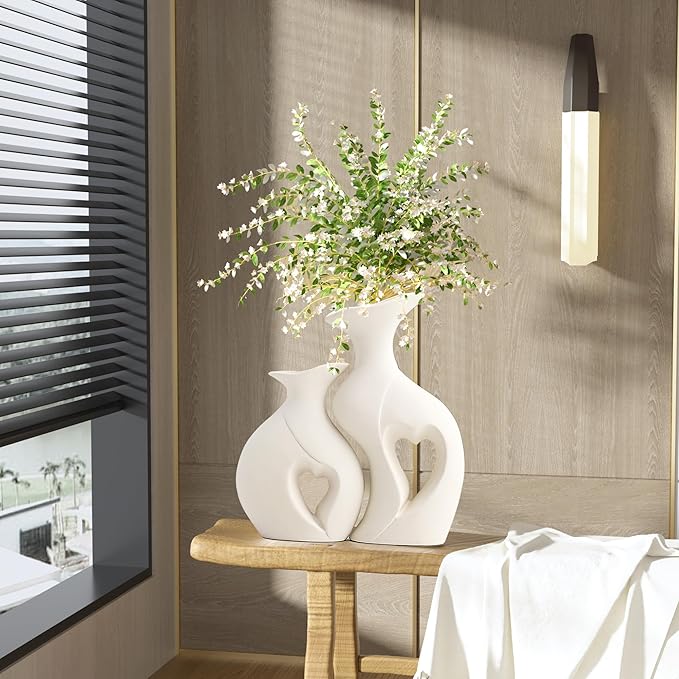 XL Pearl White Vases for Decor,Nordic Heart Shaped Ceramic Vase Set of 2,Modern Vase for Table Centerpiece Dining Living Room Office Coffee Table Wedding House Decoration