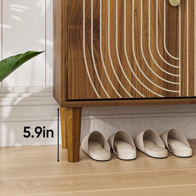 Shoe Cabinet Storage for Entryway, Narrow Slim Shoe Storage Cabinet with 2 Flip Drawers, Freestanding Shoe Rack Organizer Cabinet with Line Groove Design for Hallway, Brown