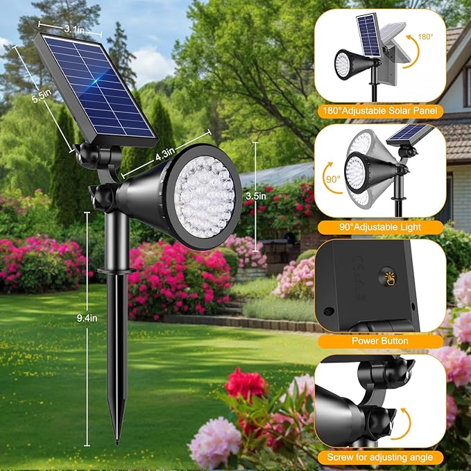 Solar Spot Lights Outdoor, 36 LEDs 1000LM Adjustable Solar Lights Outdoor Waterproof, 2-in-1 Solar Powered Spotlights Landscape Lighting for Garden, Yard, Pathway- 4 Pack (Cool White)