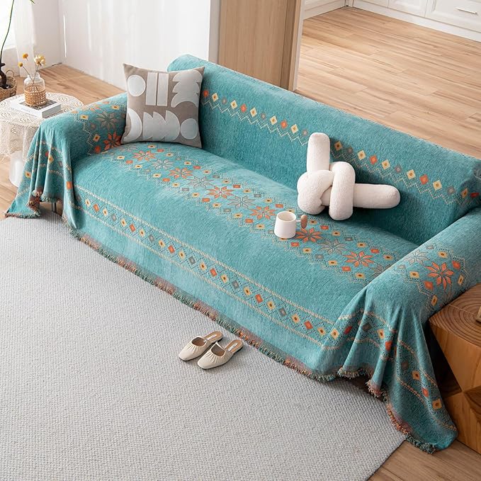 DREAMINGO Teal Boho Couch Cover Jacquard Chenille Sofa Covers Washable 3 Seater Sofa Protector for Pets Kids Modern Bohemain Sectional Couch Slipcovers for Living Room, 71"x150"