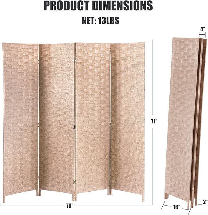 Room Divider,4 Panels 6FT Folding Privacy Screen Room Divider Wall Wood Mesh Hand-Woven Design Freestanding Partition Portable Wall for Home Office Bedroom(Natural)