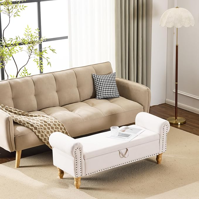Storage Bench for Bedroom, Ottoman with Storage, Upholstered Ottomans Benches with Rolled Arm for Bedroom End of Bed, Living Room, Entryway (Beige)