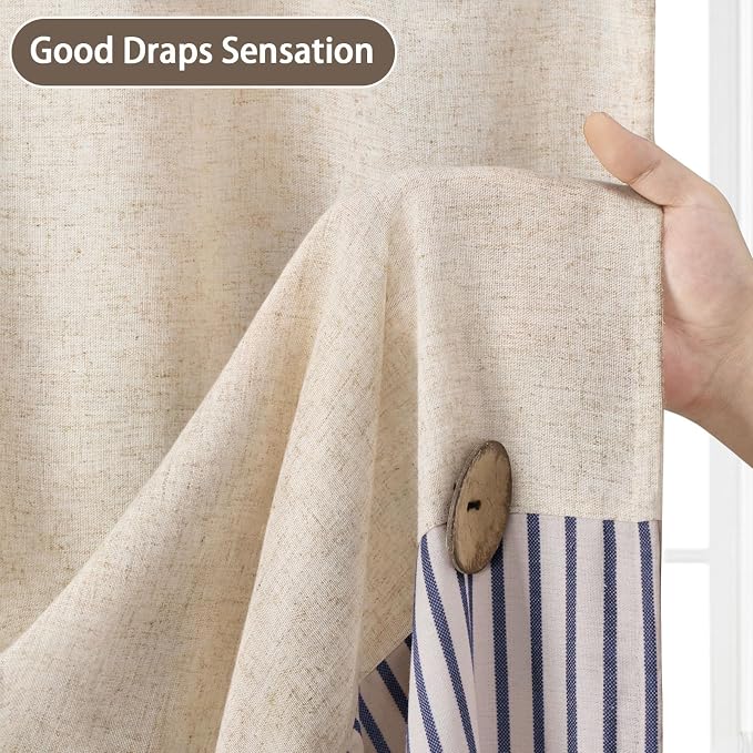 Farmhouse Shower Curtain Linen Button Woven Fabric Country Rustic Western, Pleated Blue Stripe 72" W x 72" L
