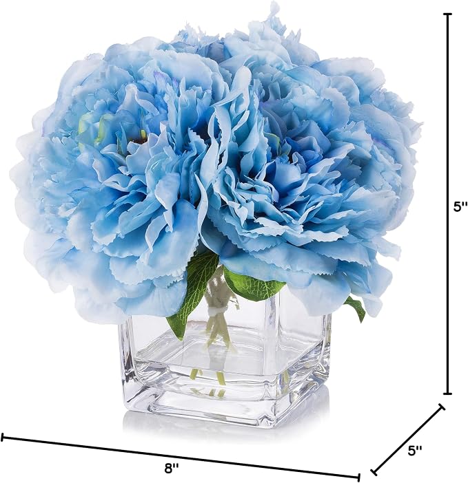 Silk Peony Flowers Arrangements in Cube Glass Vase with Faux Water for Home Table Wedding Centerpiece Decoration (Blue)
