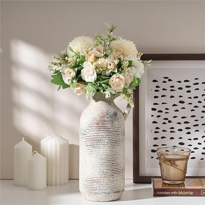 PORCER Ceramic Rustic Vase for Home Decor, Terracotta Vase with Handle, Handcrafted Vintage Decorative Flower Vase for Farmhouse, Living Room, Table, Fireplace, Nightstand - Natural Brown