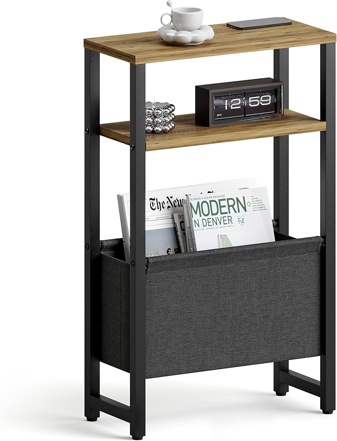 Narrow Side Table with Charging Station, Slim End Table with Magazine Rack, Bedside Table for Small Spaces, 3 Tier Sofa Couch Table Nightstand for Living Room, Bedroom, Black LET503BE