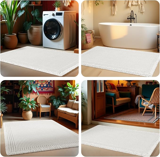 Upgrade Waffle Bath Mat, Boho Bathroom Rugs Absorbent Non Slip, Ultra Soft Bathroom Mat, Machine Washable Knit Bath Rugs with Tassels for Bathroom, Bedroom, Kitchen, Shower, Tub, 32"x20", White