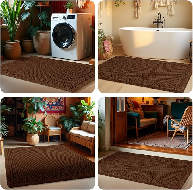 Waffle Bath Mat, Boho Woven Modern Bath Rug Absorbent Non Slip, Ultra Soft Bathroom Mats, Machine Washable Knit Bath Rugs with Herringbones for Bathroom, Bedroom, Kitchen, Shower, Tub, 36"x24", Brown
