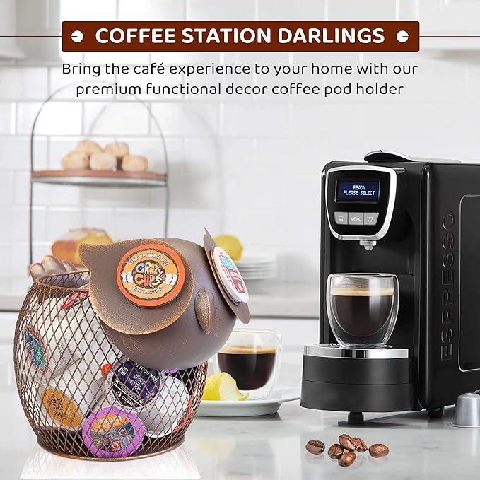 Made Easy Kit Coffee Pod Basket Organizer Practical Decoration - Compatible with Keurig K-Cup Pods & Capsules - Home Cafe Bar Decor Useful Kitchen Countertop Freestanding (Owl Vintage)