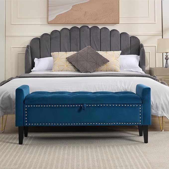 WUTUTUEE 47" Velvet Storage Bench, Upholstered Bed Bench with Storage, End of Bed Ottoman with Wooden Legs,Bedside Storage Bench for Bedroom, Living Room, or Entryway, Blue