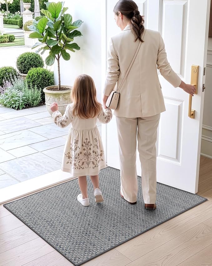 DEXI Ultra Thin Door Mat Indoor Entrance 17x30, Non Slip Rubber Backed Entryway Mats Dirt Trapper, Low Profile Front Doormat for Inside Entry, Patio, Porch, Grey