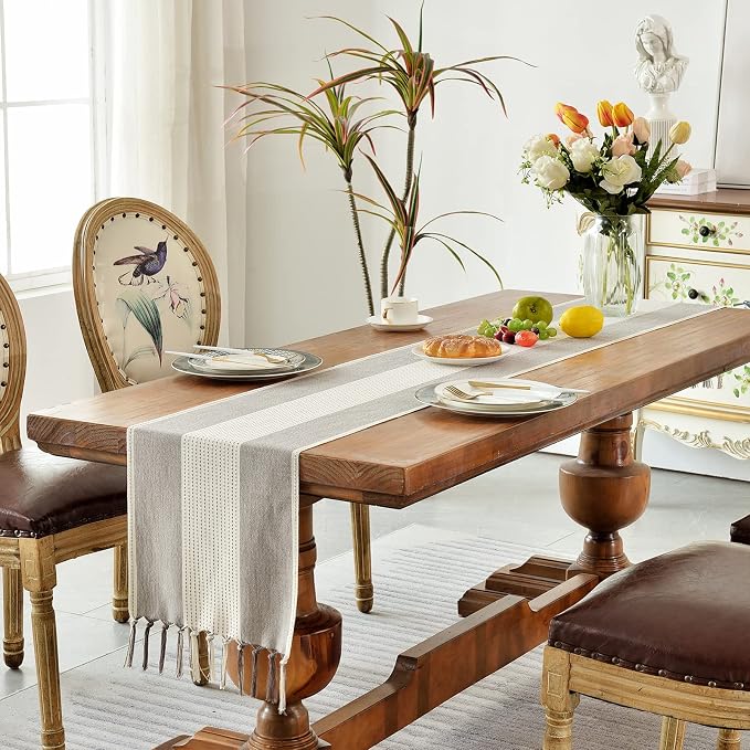 Wracra Linen Table Runner, Farmhouse Macrame Table Runners 108 Inches Long for Dining Table Decor, Wedding, Party and Dresser Decor (Dark Coffee,108")