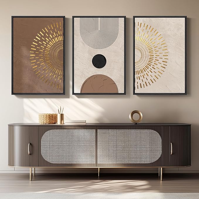 Large Framed Boho Neutral Abstract Wall Art for Living Room, 3 Piece Canvas Prints Paintings Artwork for Walls, Minimalist Brown Beige Gold Geometric Pictures for Hallway Stair Office Wall Decor 24x36