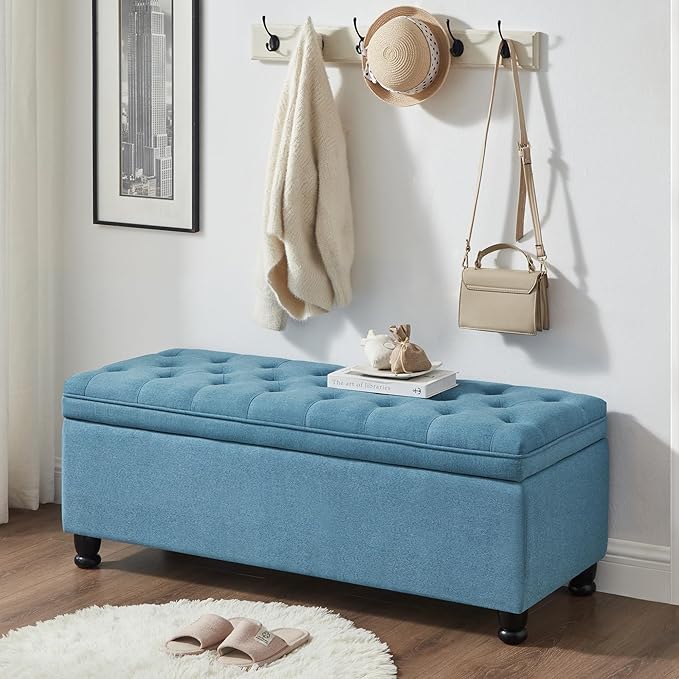 Betoko Linen Storage Benches for Bedroom End of Bed,Mid Century Modern Bed Ottoman Bench with Storage,Button Tufted 45" Long Storage Bench for Entryway Living Room Window (Light Blue)