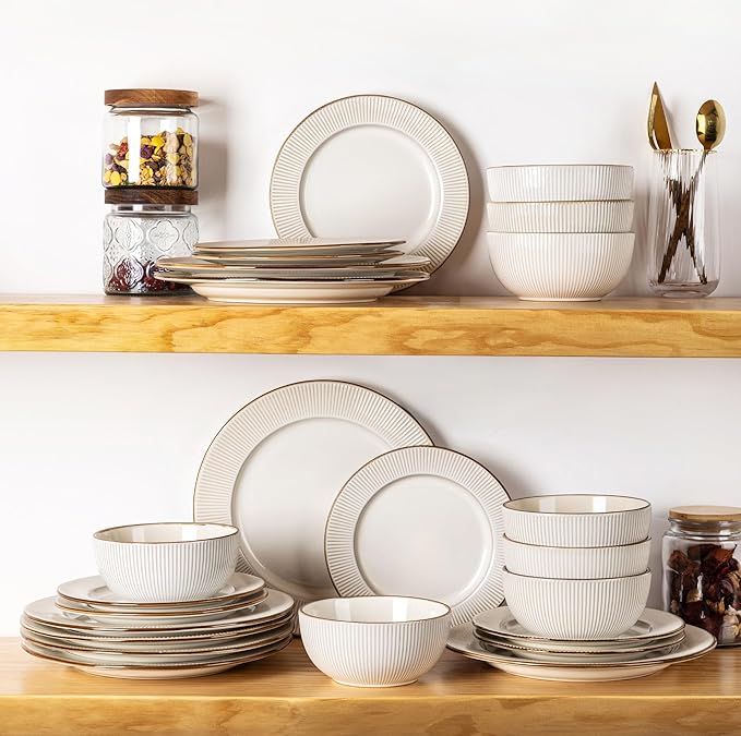 GBHOME Ceramic Dinnerware Sets, 24 pcs Embossed Elegant Stoneware Plates and Bowls Sets, Housewarming Wedding Gift | Dishwasher & Microwave Safe | Dishes Set Service for 8