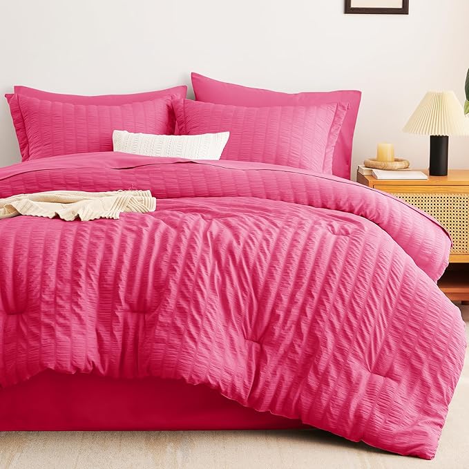 CozyLux Queen Comforter Set Hot Pink Seersucker 7 Pieces Bed in a Bag Queen Comforter Set with Sheets, Luxury Soft Bedding Set with Down Alternative Comforter, Sheets, Pillowcases & Shams All Seasons
