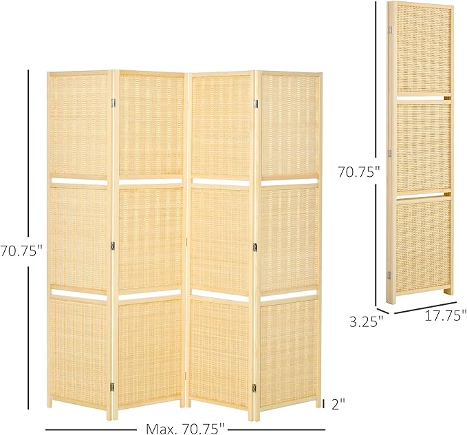 4-Panel Folding Room Divider with Shelves, 6 Ft Freestanding Bamboo Privacy Screen Panel with Storage Shelves for Bedroom or Office, Natural