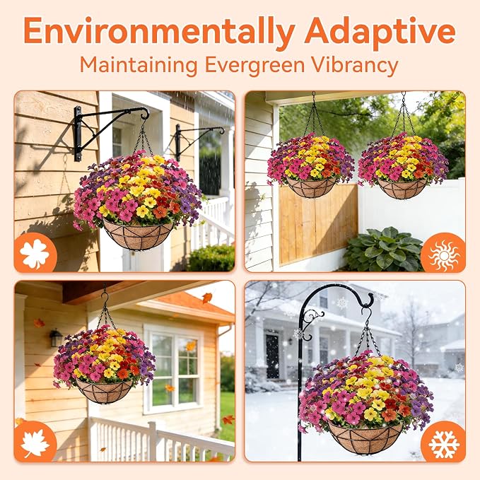 Halatool Hanging Baskets with Artificial Flowers, Sturdy Hanging Basket with Coconut Liner & 12 PCS Colorful Fade-resistant Faux Flowers for All Season Home Decor Porch Patio Balcony Yard Gift for Mom