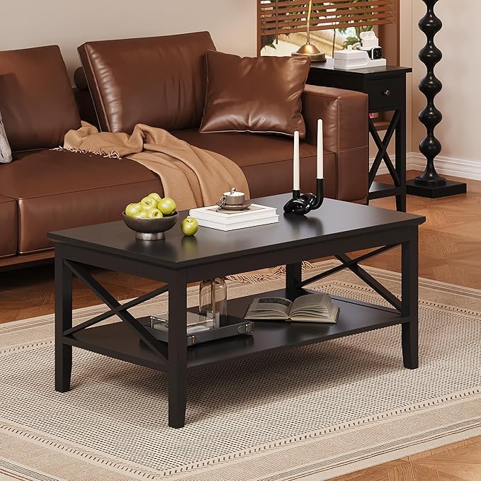 ChooChoo Coffee Table with Thicker Legs, Black Wood Coffee Table with Storage for Living Room, 47 inch