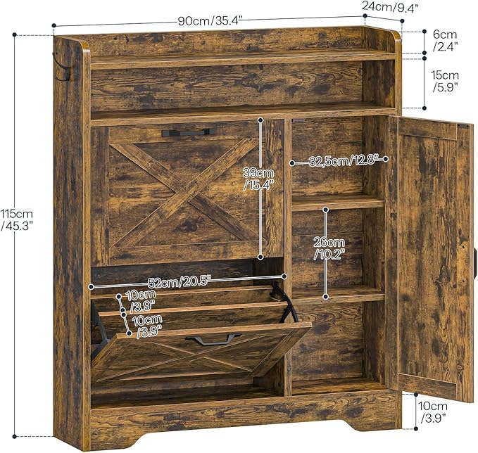 HOOBRO Slim Shoe Cabinet with 2 Flip Drawers & Side Storage, Narrow Shoe Storage Cabinet for Entryway, Wooden Shoe Organizer for Small Spaces, Adjustable Shelves, Rustic Brown FG90SC01US