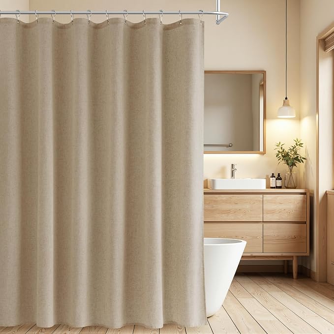 Naturoom Extra Long Linen Shower Curtain 84 Inch Long for Bathroom Shower Curtains Set with Hooks Boho Farmhouse Fabric Neutral Cloth Modern Cottage Core Waterproof,Eggshell Beige