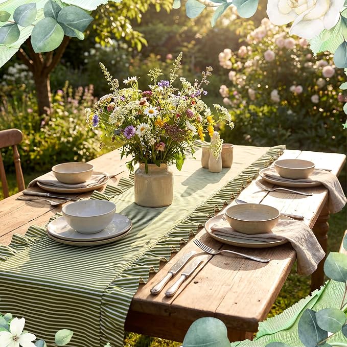 Green Stripe Ruffled Table Runner 72 Inches Long Scalloped Table Runner Rustic Cotton Tabletop Farmhouse Decor for Baby Shower Bride Shower Birthday Party Holiday Wedding