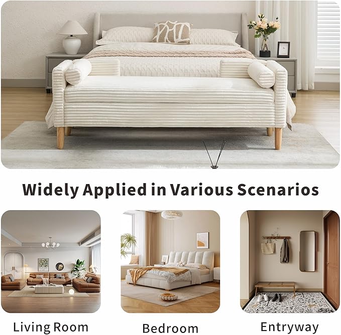Chifee & Vingol 65.35" W Ottoman with Storage Bench for Bedroom End of Bed with Removable Pillows Upholstered Storage Ottoman Bench for Bedroom Living Room Hallway,Ivory