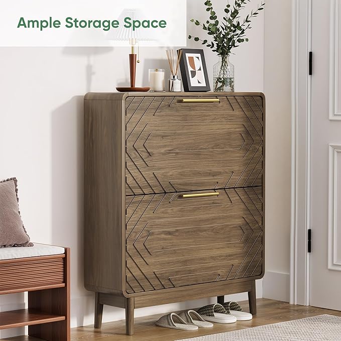 Shoe Storage Cabinet with Hand-Carved Raised Embossed 2 Flip Drawers,Narrow Shoe Cabinet Storage for Entryway, Freestanding Shoe Organizer Cabinet, Slim Shoe Rack Cabinet (Walnut)