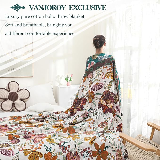 VANJOROY King Boho Throw Blanket for Bed, 100% Cotton Muslin Soft Throw-Floral Farmhouse Rustic Decor Blanket for Couch Sofa Quilt and Gift, 91" x 98"-BeigeWhite