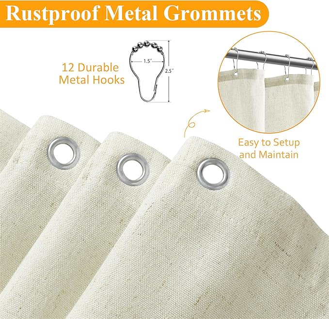Naturoom Ivory Linen Shower Curtain, Cloth Textured Fabric Shower Curtain Set with Hooks, Simple Elegant Modern Farmhouse Country Ultra Thick Bath Curtains for Bathroom,Water Repellent,72x90