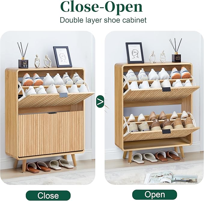 FurSch Fluted Shoe Cabinet Storage for Entryway,Slim Shoe Cabinet with 2 Flip Drawers, Narrow Shoes Rack Organizer (All Natural, 2 Drawers)