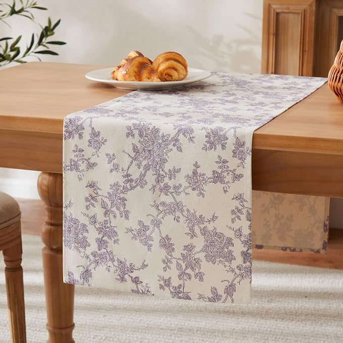 100% Cotton French Pastoral Table Runners, 13x108 Inch Purple Farmhouse Table Runners 108 Inches Long, Vintage Flowers Print Home Decors
