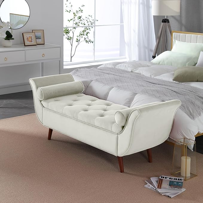 65" Velvet Storage Bench, 65" Vintage Upholstered Rolled Armed Button Tufted Stool Bench for Bedroom, Living Room, Entryway, Hallway, Dressing Room (Beige)