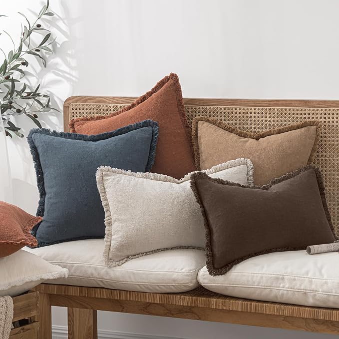 MIULEE Decorative Throw Pillow Covers Neutral Linen Fringe Throw Pillows Euro Shams Set of 2 Reddish Brown Boho Farmhouse Cushion Covers for Couch Sofa Bed Living Room Spring Home Decor 26x26 Inch