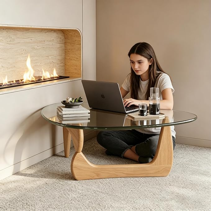 Coffee Table for Living Room, Glass Coffee Table with Wood Legs, Mid Century Modern Coffee Table, Vintage Unique Center Table for Small Spaces, Tempered Glass Top