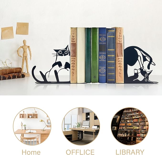 Cute Cat Metal Bookends Cat Book Ends for Shelves Bookshelf Decorative Objects Home Office Desk Bookshelf Decor Cat Lover Gifts for Women
