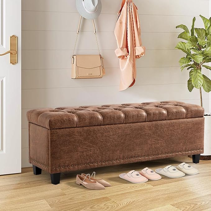 Ottoman with Storage, 51" Storage Bench Ottoman for Bedroom, End of Bed Benchs with Button-Tufted, Upholstered Rectangle Long Foot Rest Benchs for Entryway Living Room (Brown)