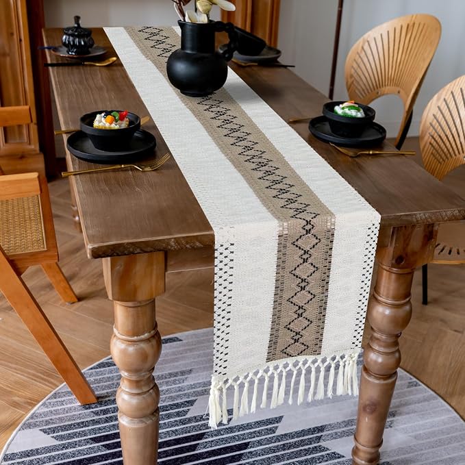 EMMTEEY Macrame Table Runner Boho Style - Cotton Linen, Hexagonal Grid with Tassels, Heat Resistant & Scratch Proof for Dining Table, Bedroom, Home Decor (12x72 Inch, White Brown)