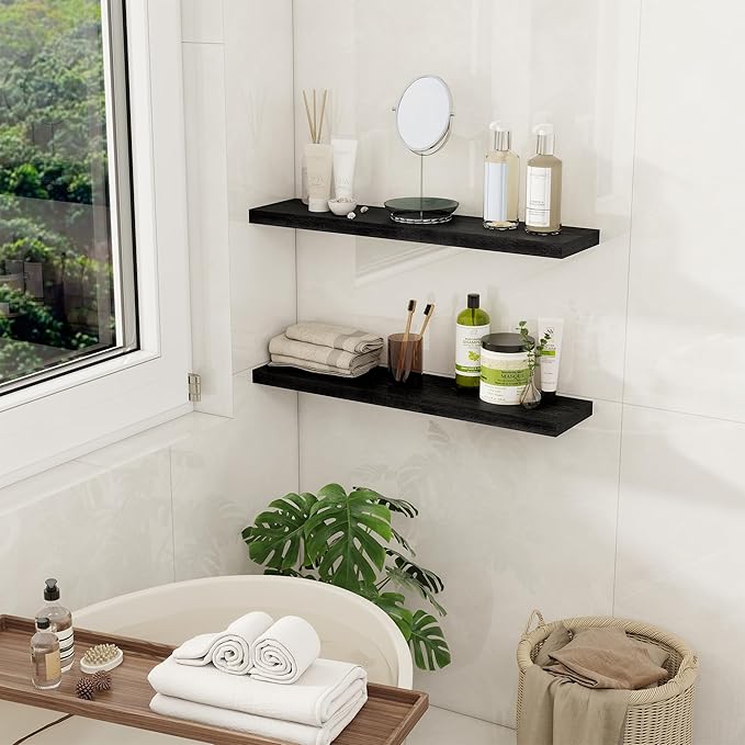 Fun Memories Floating Shelves for Wall, 27.5" Rustic Wood Deep Wall Mounted Shelves with Invisible Brackets for Decor & Storage, Floating Shelf for Living Room, Bathroom (Black, Set of 2)
