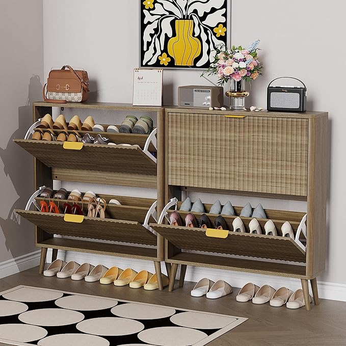 KIGOTY Narrow Shoe Storage Cabinet, Shoe Cabinet with 2 Flip Drawers, Freestanding Shoe Organizer with Legs for Entryway, Slim Shoe Rack Cabinet for Enterway (Yellow)
